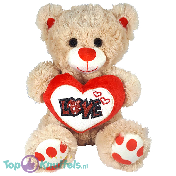 Teddy Bear Fuzzy Plush Toy Whiteh Glitter Heart Love (Brown) 23 cm