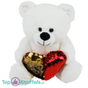 Teddy Bear White Whiteh Red/Goud Heart Plush Toy 32 cm